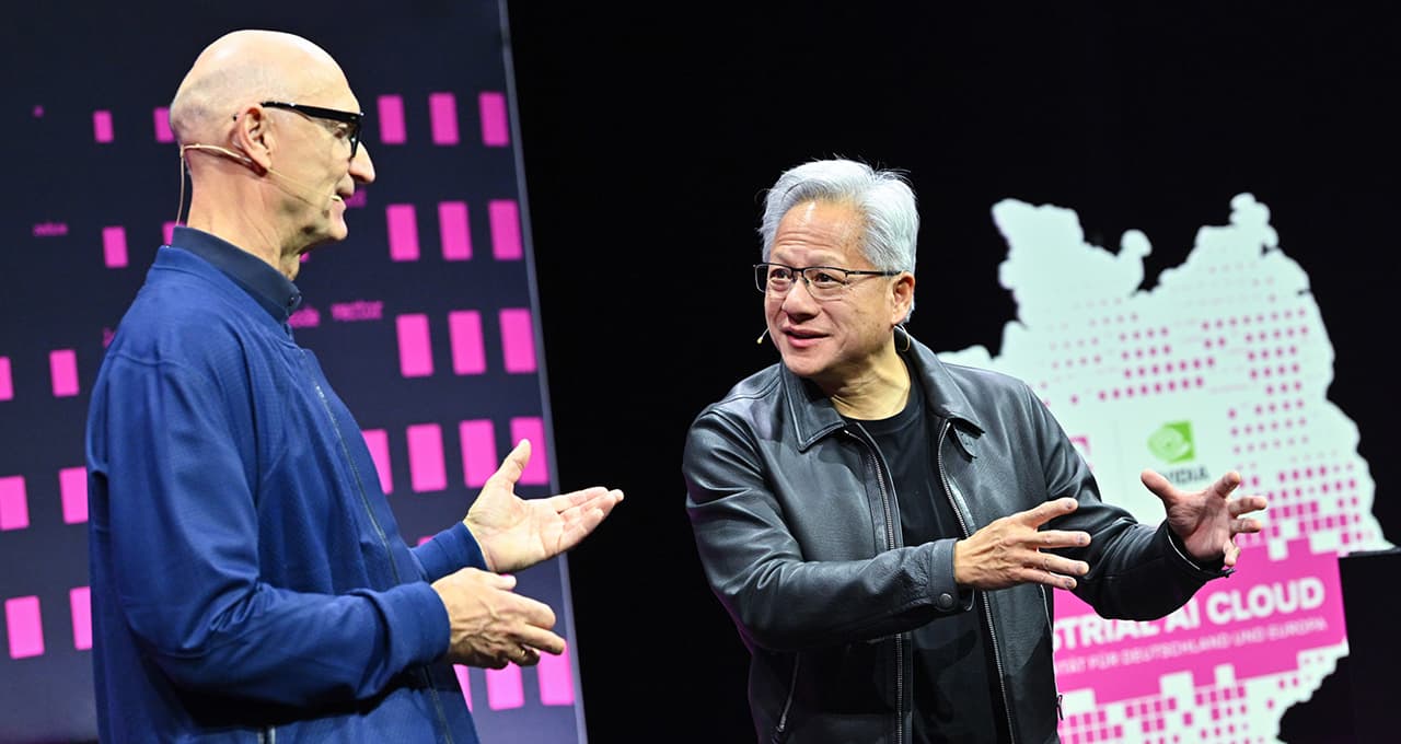 NVIDIA CEO Jensen Huang and Deutsche Telekom CEO Tim Höttges unveiling the Industrial AI Cloud