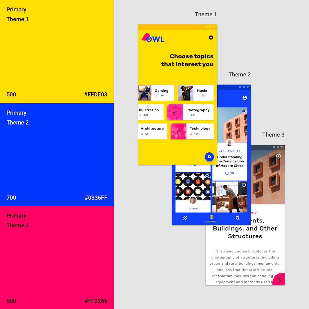 Diagram showing how three different primary colors create three distinct themed app screens