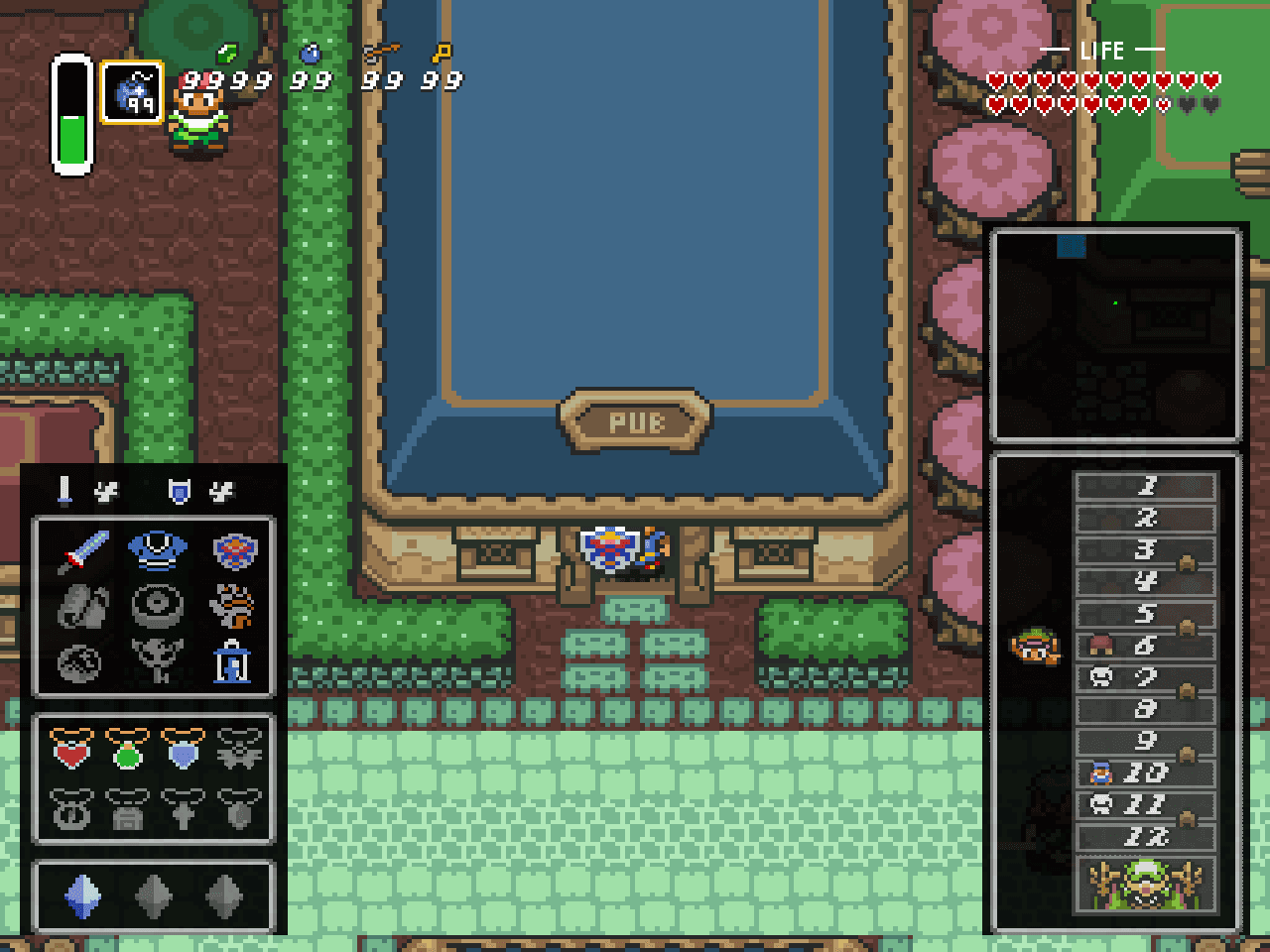 The same scene with the status overlay open. Equipment, the map, and floor progress appear over the playfield.