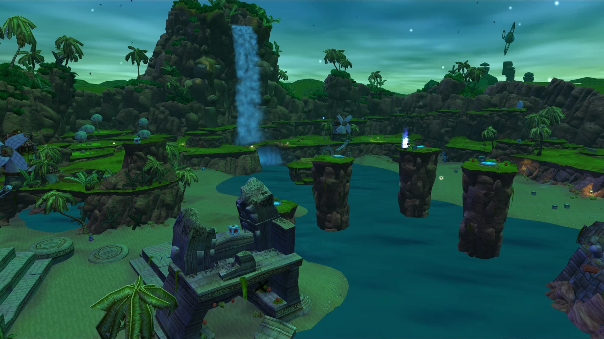 Sentinel Beach at dawn, with a waterfall, palm trees, and rock platforms.