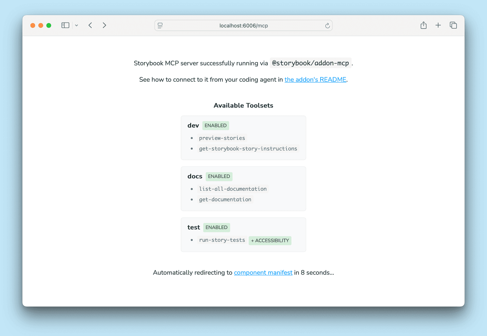 The Storybook MCP landing page listing the dev, docs and test toolsets with their tools