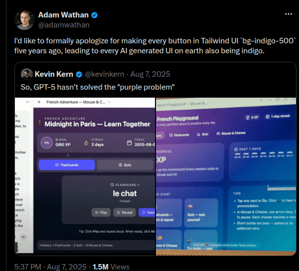Adam Wathan's post apologizing for bg-indigo-500, quote-tweeted by Kevin Kern with two screenshots of purple AI-generated interfaces and the line: So, GPT-5 hasn't solved the purple problem
