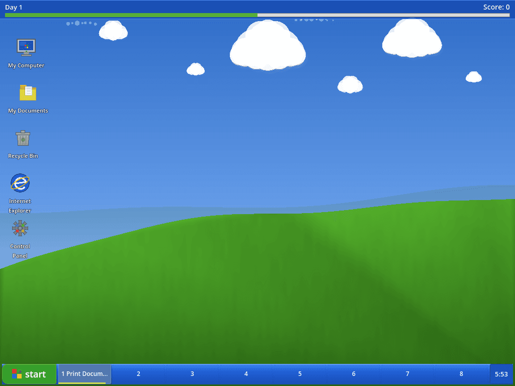 Doors XP desktop with Bliss wallpaper and taskbar
