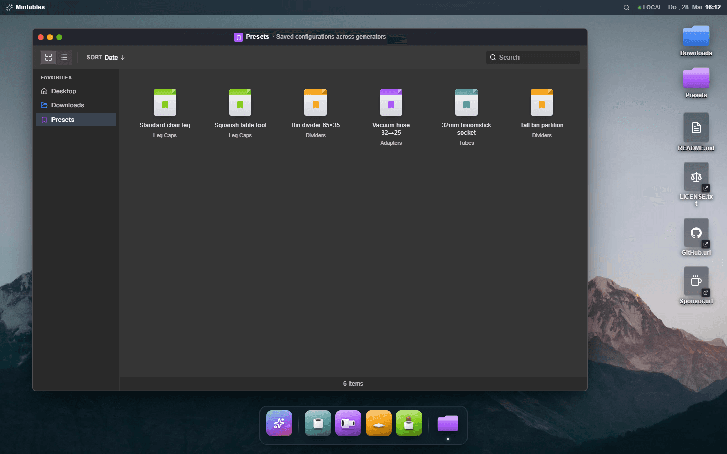 A Finder-style window titled 'Presets' shows saved configurations across all generators, each with a name like 'Standard chair leg' or 'Bin divider 65x35'. The files are color-coded by source generator.