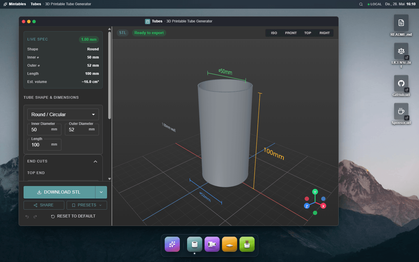 The Tubes generator open as a floating window. Left pane shows controls for inner diameter, outer diameter, length, end cuts. Right pane shows a live 3D render of a cylindrical tube with dimension callouts in millimeters.